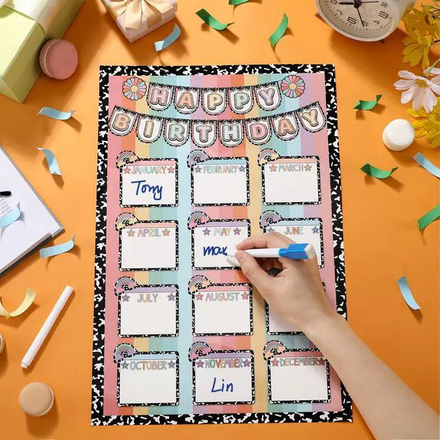 Alt view image 3 of 6 - Birthday Chart for Classroom Decor, Bulletin Board Poster Wall | Composition Notebook Classroom Decor, Birth Poster Calendar Wall Decor, Girl Style First Day Back to School Teacher Supplies