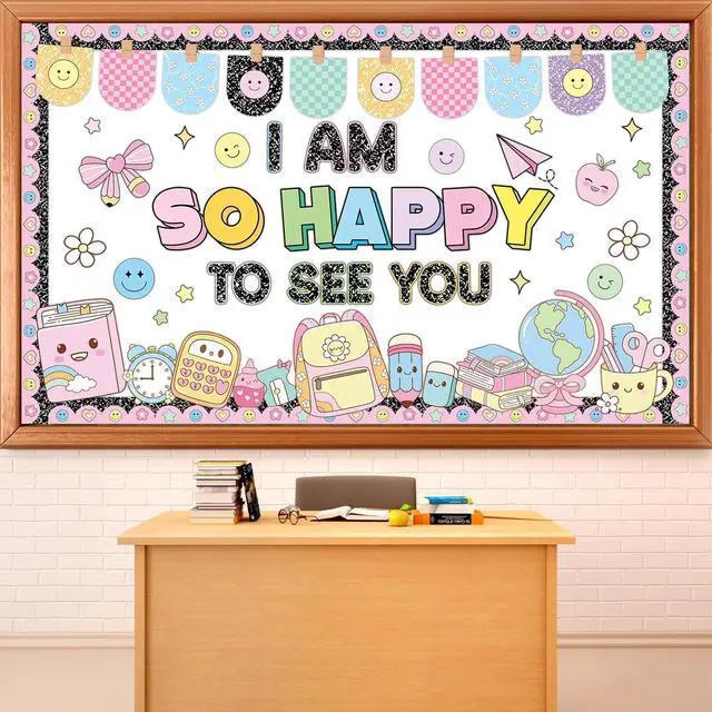 Main image of Back to School Bulletin Board Set Pastel Composition Notebook Classroom Decoration Composition Stationery Bulletin Board Smile Face Cutouts for Classroom Office Library Home Chalkboard Wall Decor
