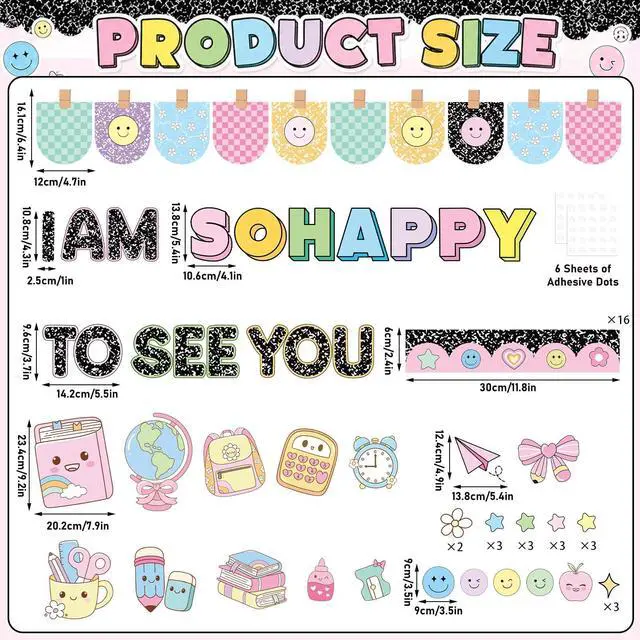 Alt view image 2 of 7 - Back to School Bulletin Board Set Pastel Composition Notebook Classroom Decoration Composition Stationery Bulletin Board Smile Face Cutouts for Classroom Office Library Home Chalkboard Wall Decor
