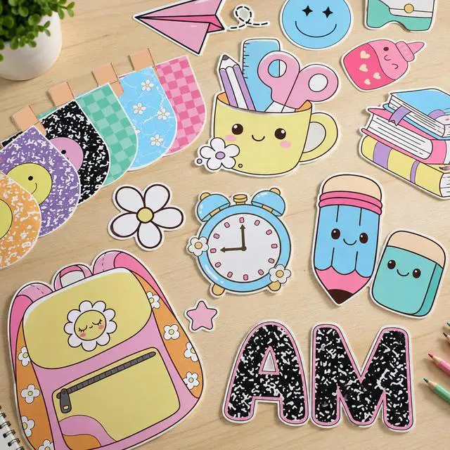 Alt view image 4 of 7 - Back to School Bulletin Board Set Pastel Composition Notebook Classroom Decoration Composition Stationery Bulletin Board Smile Face Cutouts for Classroom Office Library Home Chalkboard Wall Decor