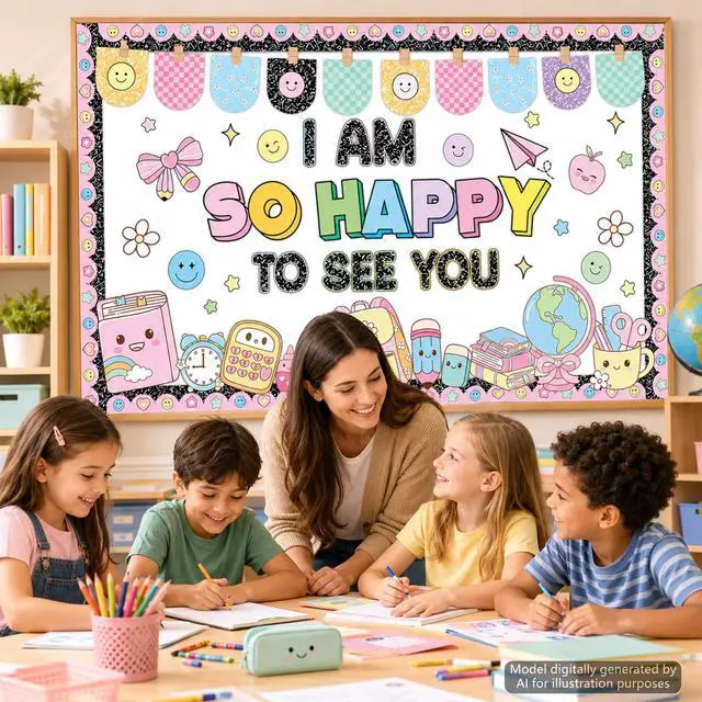 Alt view image 5 of 7 - Back to School Bulletin Board Set Pastel Composition Notebook Classroom Decoration Composition Stationery Bulletin Board Smile Face Cutouts for Classroom Office Library Home Chalkboard Wall Decor