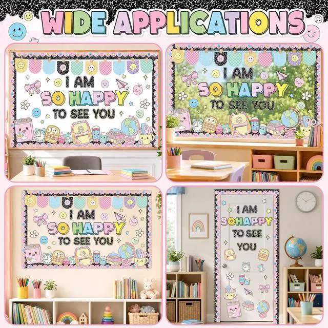 Alt view image 6 of 7 - Back to School Bulletin Board Set Pastel Composition Notebook Classroom Decoration Composition Stationery Bulletin Board Smile Face Cutouts for Classroom Office Library Home Chalkboard Wall Decor