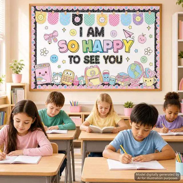 Alt view image 7 of 7 - Back to School Bulletin Board Set Pastel Composition Notebook Classroom Decoration Composition Stationery Bulletin Board Smile Face Cutouts for Classroom Office Library Home Chalkboard Wall Decor
