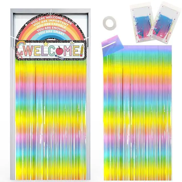 Main image of Composition Notebook Classroom Door Decor, Welcome Back to School Banner Sign with Boho Rainbow Fringe Tinsel, First Day of School Composition Notebook backdrop for Kindergarten Door Cover Supplies