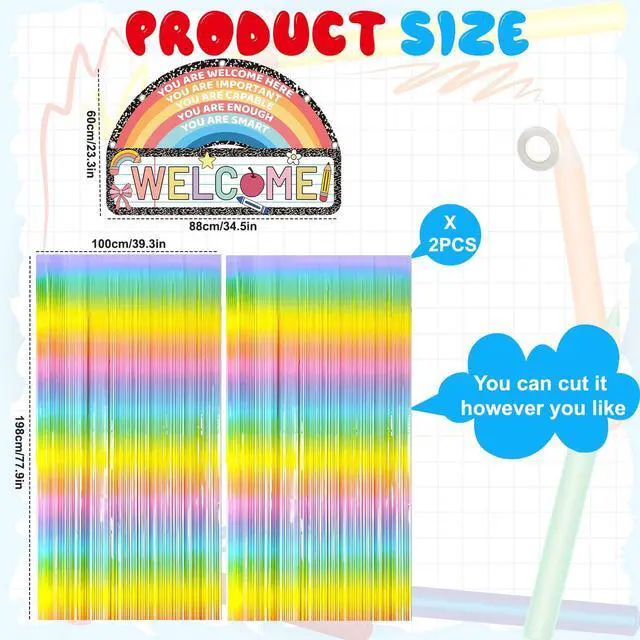 Alt view image 2 of 7 - Composition Notebook Classroom Door Decor, Welcome Back to School Banner Sign with Boho Rainbow Fringe Tinsel, First Day of School Composition Notebook backdrop for Kindergarten Door Cover Supplies