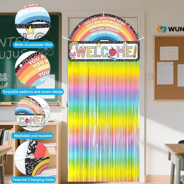 Alt view image 3 of 7 - Composition Notebook Classroom Door Decor, Welcome Back to School Banner Sign with Boho Rainbow Fringe Tinsel, First Day of School Composition Notebook backdrop for Kindergarten Door Cover Supplies