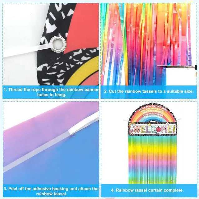 Alt view image 4 of 7 - Composition Notebook Classroom Door Decor, Welcome Back to School Banner Sign with Boho Rainbow Fringe Tinsel, First Day of School Composition Notebook backdrop for Kindergarten Door Cover Supplies