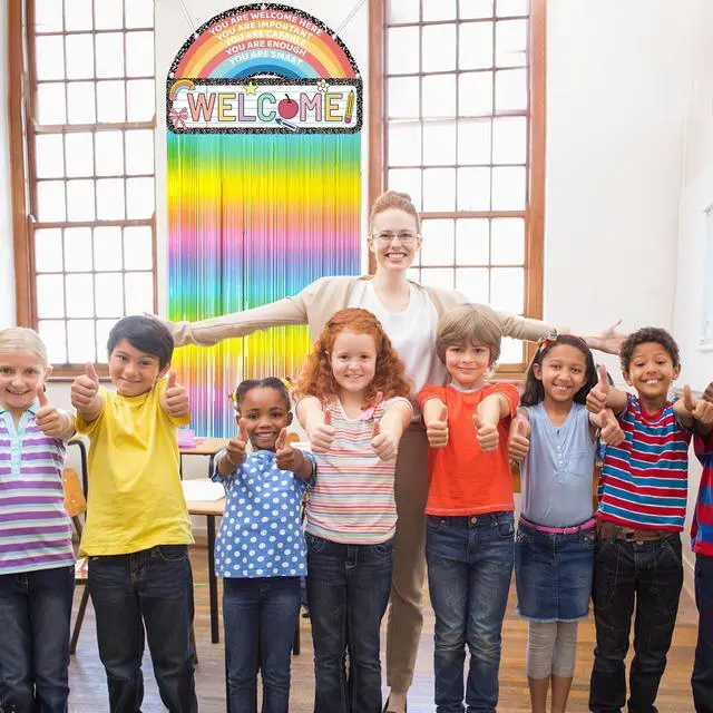 Alt view image 5 of 7 - Composition Notebook Classroom Door Decor, Welcome Back to School Banner Sign with Boho Rainbow Fringe Tinsel, First Day of School Composition Notebook backdrop for Kindergarten Door Cover Supplies