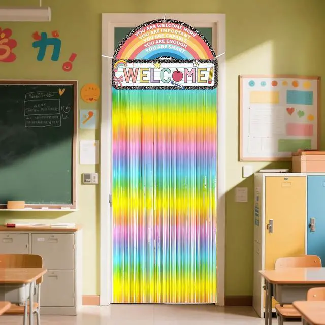 Alt view image 6 of 7 - Composition Notebook Classroom Door Decor, Welcome Back to School Banner Sign with Boho Rainbow Fringe Tinsel, First Day of School Composition Notebook backdrop for Kindergarten Door Cover Supplies