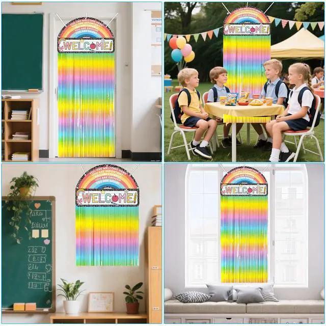 Alt view image 7 of 7 - Composition Notebook Classroom Door Decor, Welcome Back to School Banner Sign with Boho Rainbow Fringe Tinsel, First Day of School Composition Notebook backdrop for Kindergarten Door Cover Supplies