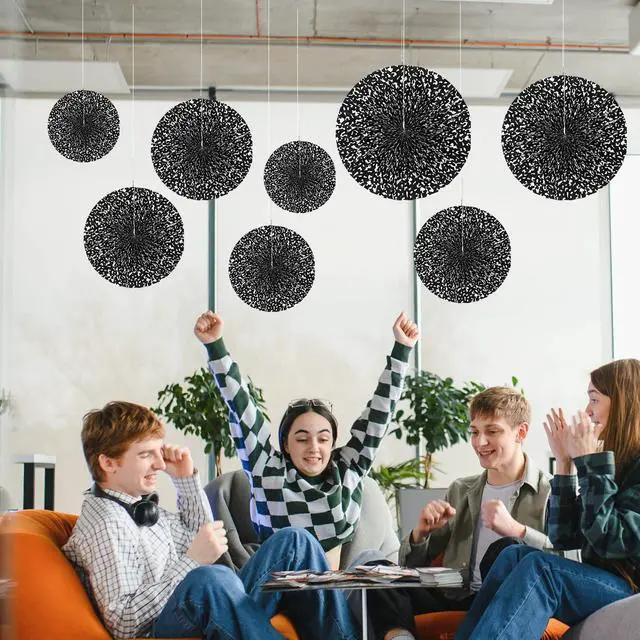 Alt view image 4 of 6 - 8 Pcs Composition Notebook Paper Fans, Classroom Hanging Decor | 6" 8" 12" Pastel Composition Fans, Ceiling Hanging Classroom Decor, Back to School Ornament, Black White Backdrop Supply