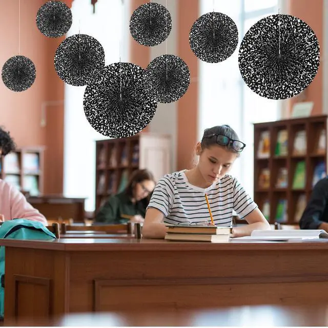 Alt view image 5 of 6 - 8 Pcs Composition Notebook Paper Fans, Classroom Hanging Decor | 6" 8" 12" Pastel Composition Fans, Ceiling Hanging Classroom Decor, Back to School Ornament, Black White Backdrop Supply