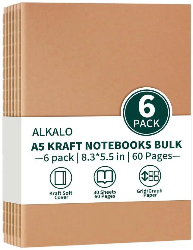 Main image of 6 Pack A5 Grid Kraft Notebooks Bulk, 8.3x5.5 Inches, Journaling Notebooks | A5 Graph Paper Notebook, 30 Sheets/60 Pages, Soft Cover Composition Notebook, Journal Notebooks Set for Work, School