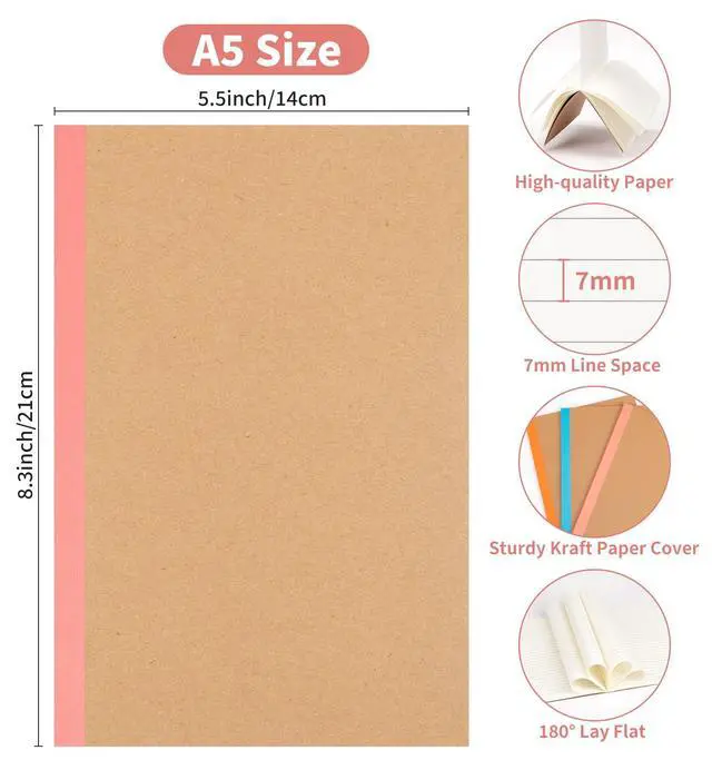 Alt view image 2 of 7 - 6 Pack Lined Notebook Journals Bulk, 8.3x 5.5 Kraft Cover Lined Notebooks | A5 College Ruled Composition Notebook, Kraft Cover with Rainbow Spines, 30 Sheets/60 Pages Each for School Office Travel