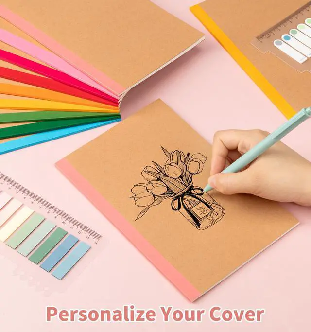 Alt view image 5 of 7 - 6 Pack Lined Notebook Journals Bulk, 8.3x 5.5 Kraft Cover Lined Notebooks | A5 College Ruled Composition Notebook, Kraft Cover with Rainbow Spines, 30 Sheets/60 Pages Each for School Office Travel