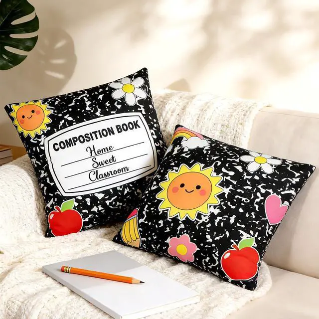 Main image of 2Pcs Composition Notebook Throw Pillow Covers 18x18In Back to School Pillow Covers Composition Classroom Decor Decorative Pencil Rainbow Pillowcases for First Day of School Bedroom Couch Sofa Decor