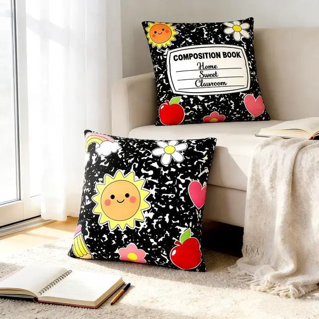 Alt view image 4 of 7 - 2Pcs Composition Notebook Throw Pillow Covers 18x18In Back to School Pillow Covers Composition Classroom Decor Decorative Pencil Rainbow Pillowcases for First Day of School Bedroom Couch Sofa Decor