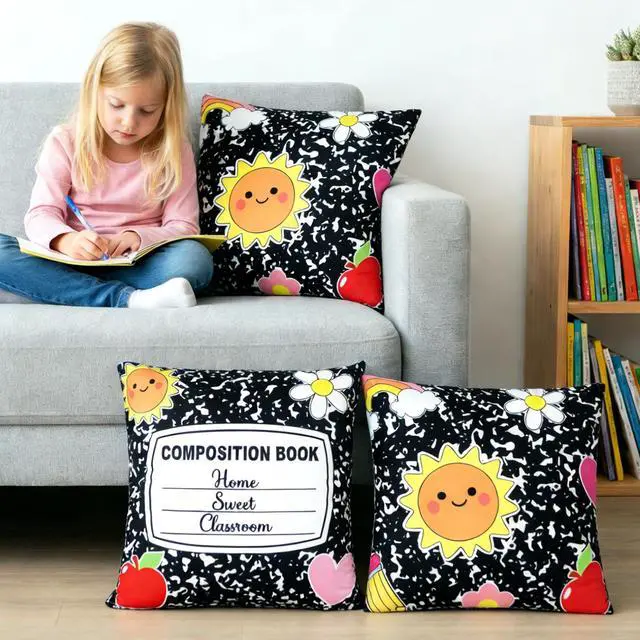 Alt view image 6 of 7 - 2Pcs Composition Notebook Throw Pillow Covers 18x18In Back to School Pillow Covers Composition Classroom Decor Decorative Pencil Rainbow Pillowcases for First Day of School Bedroom Couch Sofa Decor