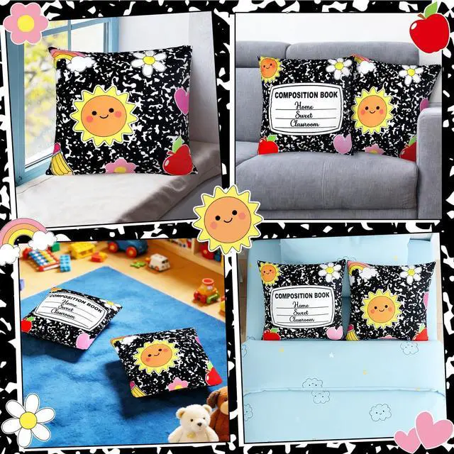 Alt view image 7 of 7 - 2Pcs Composition Notebook Throw Pillow Covers 18x18In Back to School Pillow Covers Composition Classroom Decor Decorative Pencil Rainbow Pillowcases for First Day of School Bedroom Couch Sofa Decor