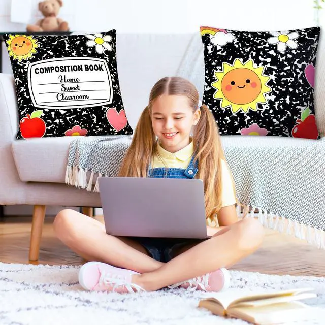 Alt view image 5 of 7 - 2Pcs Composition Notebook Throw Pillow Covers 18x18In Back to School Pillow Covers Composition Classroom Decor Decorative Pencil Rainbow Pillowcases for First Day of School Bedroom Couch Sofa Decor
