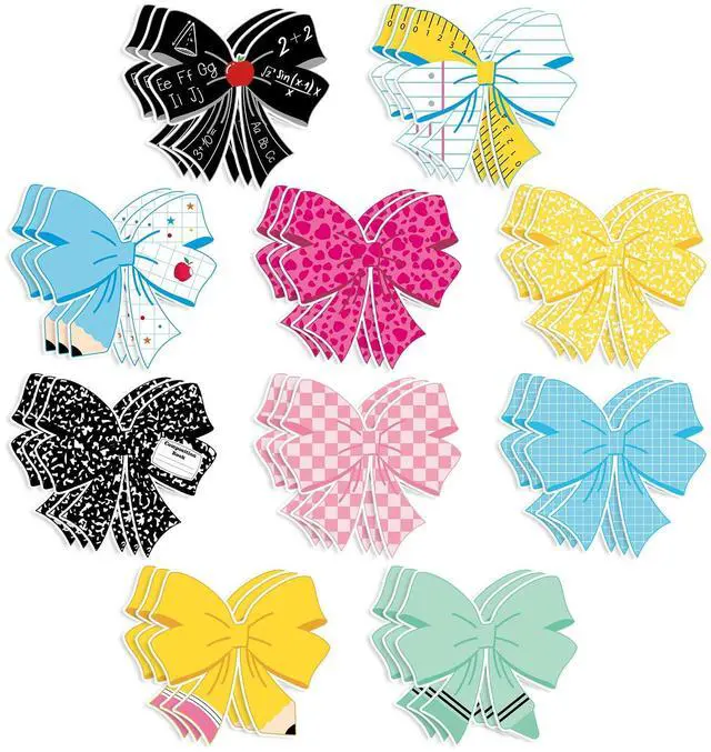 Main image of 50Pcs Composition Notebook Cutouts Pencil Bow Paper Cutouts Back to School Bulletin Board Decorations for First Day of School Classroom Party Supplies Teacher Chalkboard Door Wall Decor