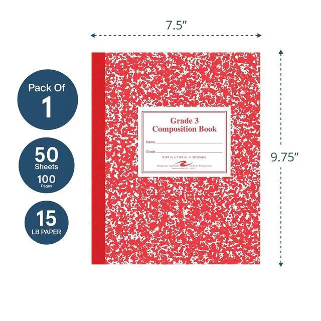 Alt view image 3 of 6 - Paper Products Composition Book, Grade 3 Ruled, 50 Sheets, 9-3/4 x 7-3/4 Inches, Red (ROA77922)