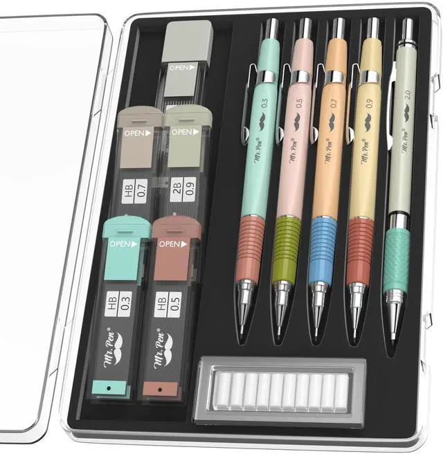 Main image of Art Mechanical Pencil Set, 5 Metal Mechanical Pencils (0.3, 0.5 | 0.7, 0.9, 2.0mm), 5 HB Lead Refills & 10 Eraser Refills, Precision Drawing Pencils for Sketching, Writing & Technical Artwork