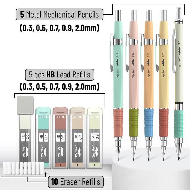 Alt view image 2 of 7 - Art Mechanical Pencil Set, 5 Metal Mechanical Pencils (0.3, 0.5 | 0.7, 0.9, 2.0mm), 5 HB Lead Refills & 10 Eraser Refills, Precision Drawing Pencils for Sketching, Writing & Technical Artwork