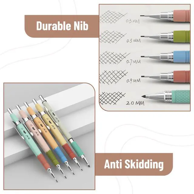 Alt view image 4 of 7 - Art Mechanical Pencil Set, 5 Metal Mechanical Pencils (0.3, 0.5 | 0.7, 0.9, 2.0mm), 5 HB Lead Refills & 10 Eraser Refills, Precision Drawing Pencils for Sketching, Writing & Technical Artwork