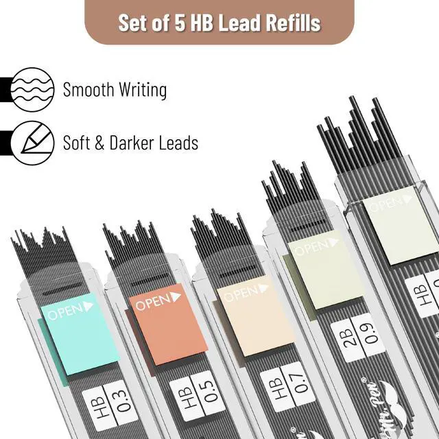 Alt view image 5 of 7 - Art Mechanical Pencil Set, 5 Metal Mechanical Pencils (0.3, 0.5 | 0.7, 0.9, 2.0mm), 5 HB Lead Refills & 10 Eraser Refills, Precision Drawing Pencils for Sketching, Writing & Technical Artwork