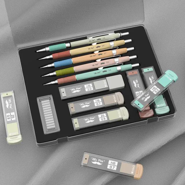 Alt view image 7 of 7 - Art Mechanical Pencil Set, 5 Metal Mechanical Pencils (0.3, 0.5 | 0.7, 0.9, 2.0mm), 5 HB Lead Refills & 10 Eraser Refills, Precision Drawing Pencils for Sketching, Writing & Technical Artwork