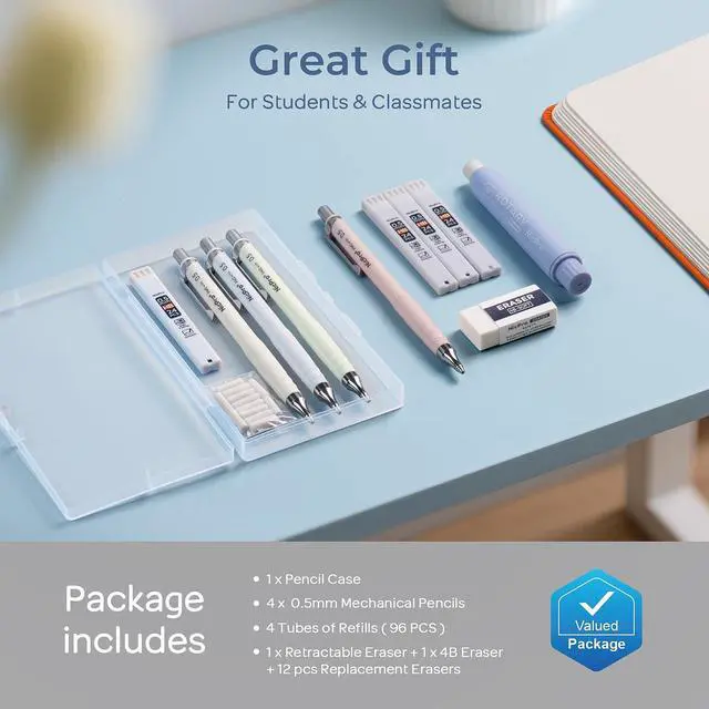 Alt view image 7 of 7 - Cute Mechanical Pencil Set, 4PCS 0.5mm Pastel Drafting Pencils | 4 Tube HB Lead Refills, 4B Erasers, Rotary Retractable Eraser and Eraser Refill for Writing Sketching Back to School Supplies