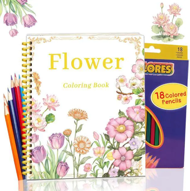 Main image of Beautiful Adult Coloring Book Set with 18-Color Pencil Set - Coloring Books for Adults Relaxation Adult Coloring Book for Women Gifts.Elegant Art Style with 35 Patterns.