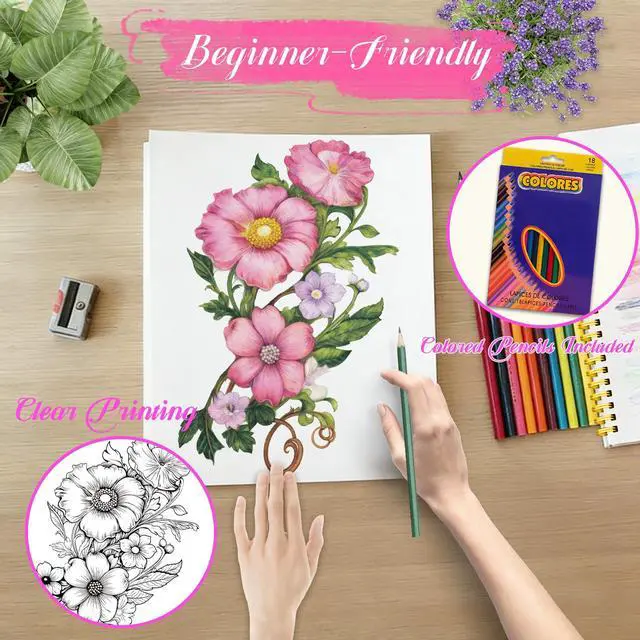 Alt view image 4 of 6 - Beautiful Adult Coloring Book Set with 18-Color Pencil Set - Coloring Books for Adults Relaxation Adult Coloring Book for Women Gifts.Elegant Art Style with 35 Patterns.