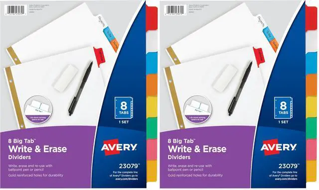 Main image of Big Tab Write & Erase Dividers for 3 Ring Binders,8-Tab Set,Multicolor Divider Tabs,1 Set of Binder Dividers,Great for Organizing Projects,Reports,Finances,and More (23079),(Pack of 2)