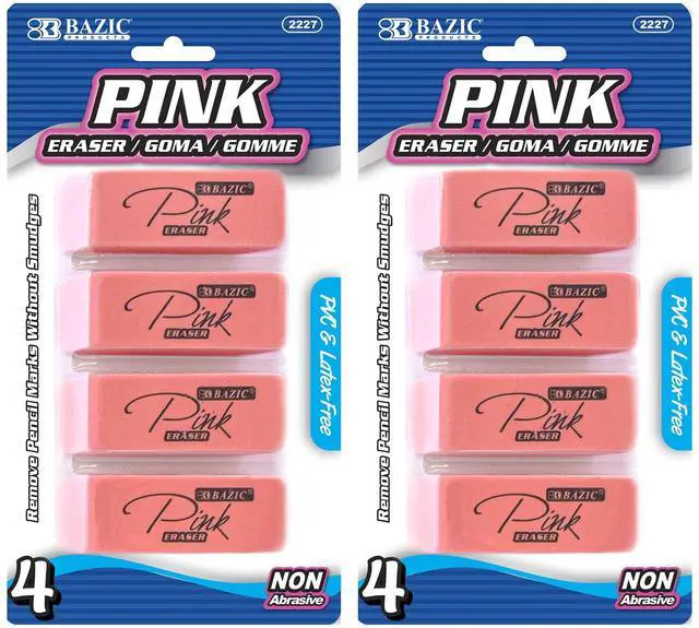 Main image of Pink Bevel Block Erasers, 4 Count, 2-Pack | latex-free and PVC-free, pink beveled block erasers, Clean erase, smudge-resistant, school, home