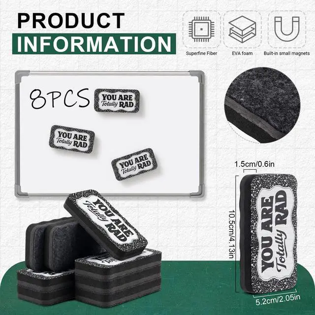 Alt view image 2 of 7 - 8 Pcs Magnetic Dry Erase Erasers Composition Whiteboard Dry Erasers Chalkboard Wiper You are Totally Rad Back to School Teacher Supplies Gift for Classroom Chalkboard Office(Black Colors)