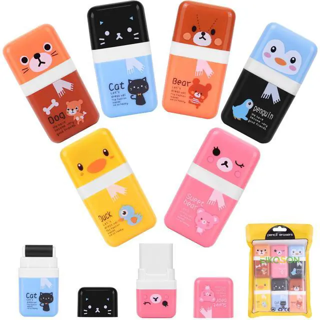 Main image of 6 Pack of Pencil Erasers, Kids Eraser with Roller and Cover, Fun and Cute Animal Themed Eraser, Great Gift for Kid of Cute School Supplies