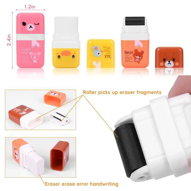 Alt view image 6 of 7 - 6 Pack of Pencil Erasers, Kids Eraser with Roller and Cover, Fun and Cute Animal Themed Eraser, Great Gift for Kid of Cute School Supplies