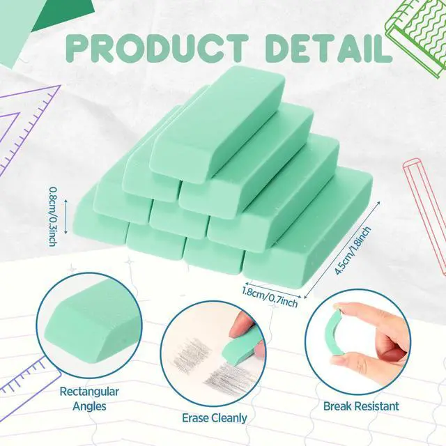 Alt view image 3 of 7 - 12 Count Green Pencil Erasers Rectangular Rubber Eraser Bulk for Bag Supplies Gift Teacher Student
