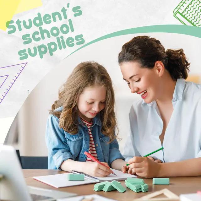 Alt view image 4 of 7 - 12 Count Green Pencil Erasers Rectangular Rubber Eraser Bulk for Bag Supplies Gift Teacher Student