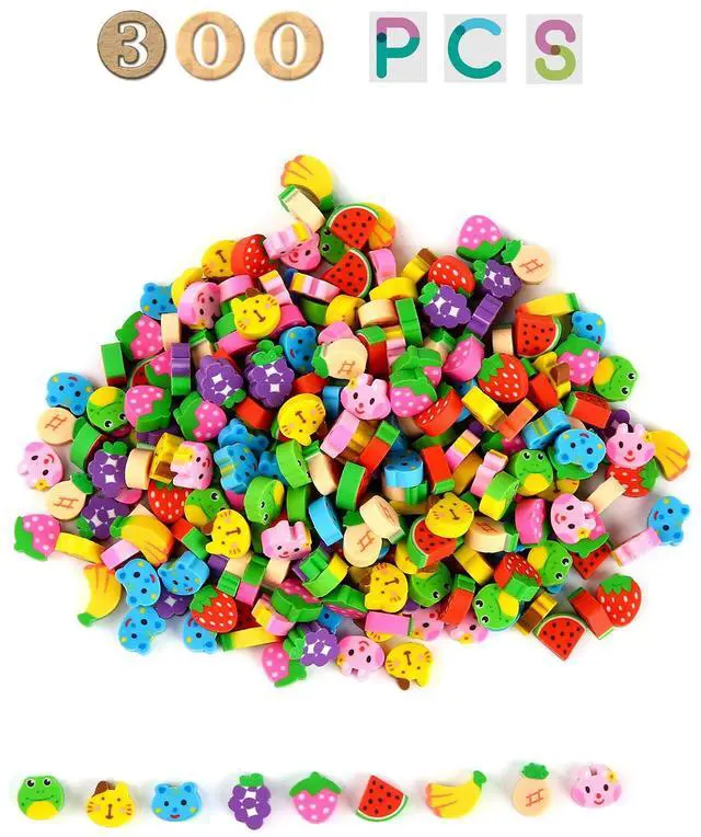 Main image of 300PCS Assorted Mini Novelty Pencil Erasers for Kids,Fun Cute Bulk Fruit Animals Collection Erasers for Classroom Student Prize Homework Awards Party Gifts School Supplies |