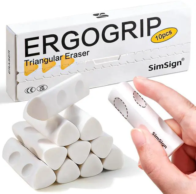 Main image of Ergonomic Erasers, Pencil Eraser Multipack, Clean Erasing Low Residue Rubber Eraser for Kids School Office Stationery Supplies, Pack of 10, White