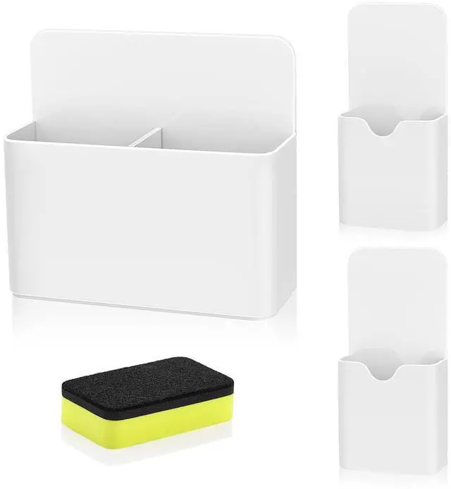Main image of Magnetic Pen Holder Set, 3-Pack with Eraser, White | Magnetic dry erase marker holder set has one large divided organizer, two small holders and one eraser.