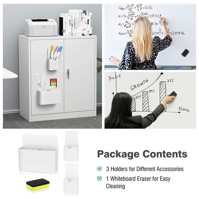 Alt view image 2 of 7 - Magnetic Pen Holder Set, 3-Pack with Eraser, White | Magnetic dry erase marker holder set has one large divided organizer, two small holders and one eraser.