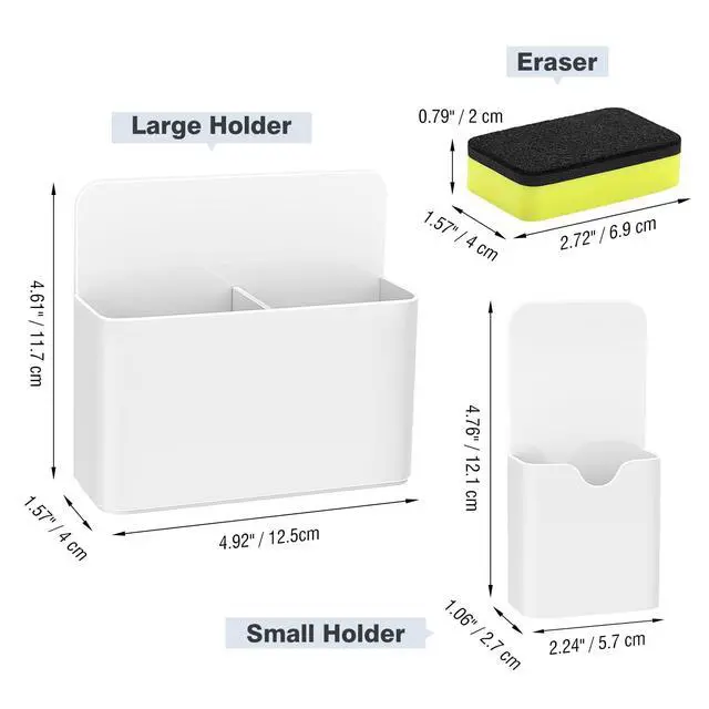 Alt view image 7 of 7 - Magnetic Pen Holder Set, 3-Pack with Eraser, White | Magnetic dry erase marker holder set has one large divided organizer, two small holders and one eraser.
