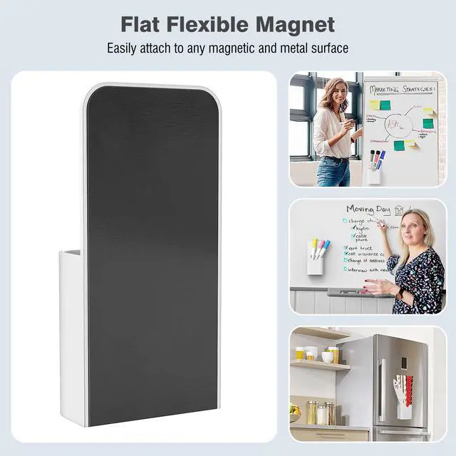 Alt view image 3 of 7 - Magnetic Pen Holder Set, 3-Pack with Eraser, White | Magnetic dry erase marker holder set has one large divided organizer, two small holders and one eraser.