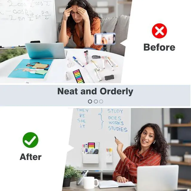 Alt view image 5 of 7 - Magnetic Pen Holder Set, 3-Pack with Eraser, White | Magnetic dry erase marker holder set has one large divided organizer, two small holders and one eraser.
