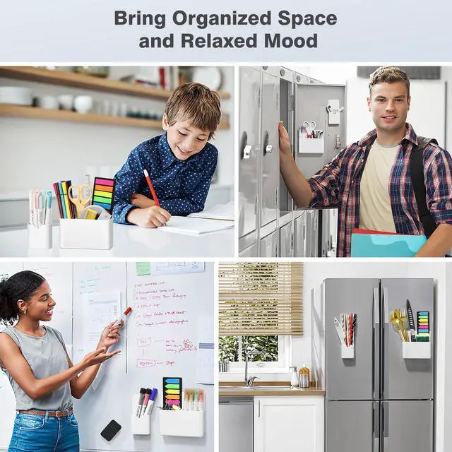 Alt view image 6 of 7 - Magnetic Pen Holder Set, 3-Pack with Eraser, White | Magnetic dry erase marker holder set has one large divided organizer, two small holders and one eraser.