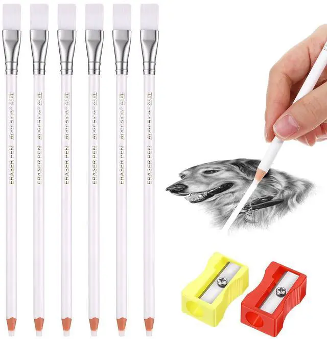 Main image of 6Pack Precision Eraser Pen Detail Erasers Artists Pen Style Eraser | Professional Highlight Painting Tool, for Sketch Charcoal Drawing Writing Detailing, 2 Sharpener